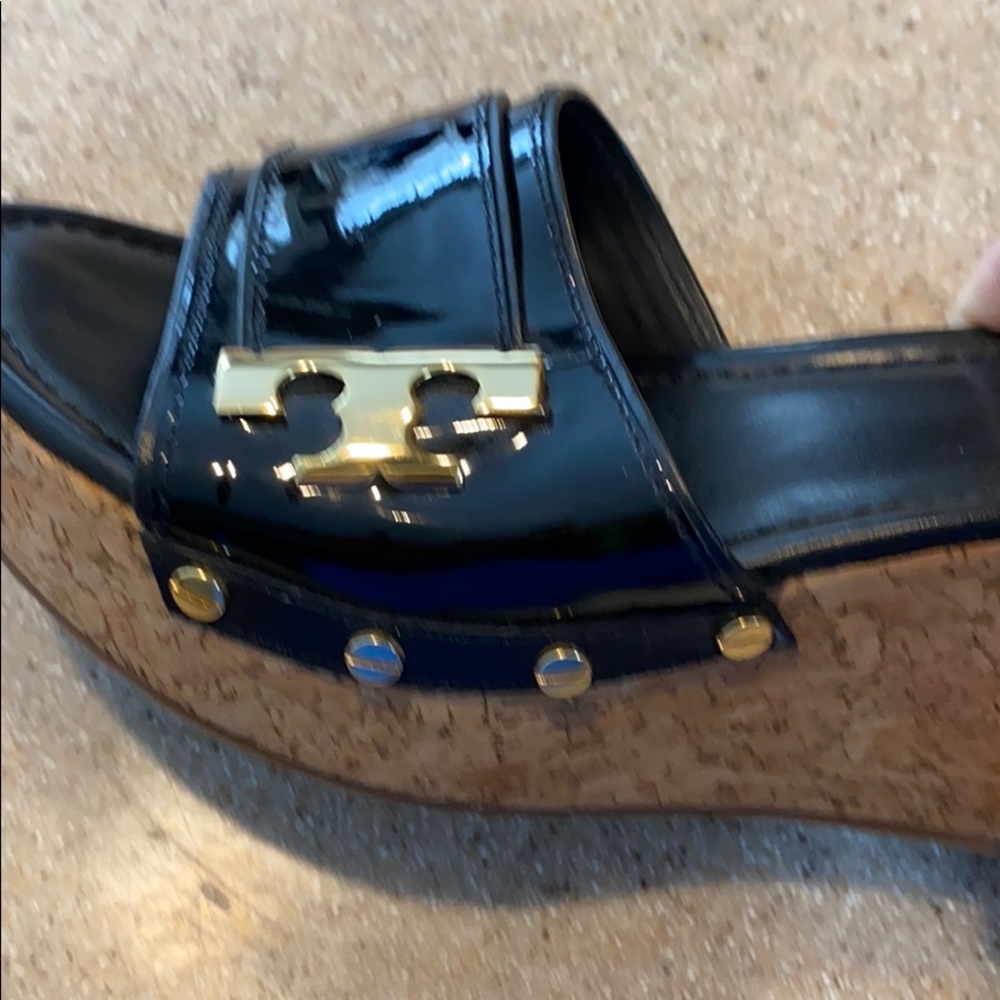 Tory Burch Pamela 3” Black Patent Leather and Cork Wedge Heels - Picture 6 of 7